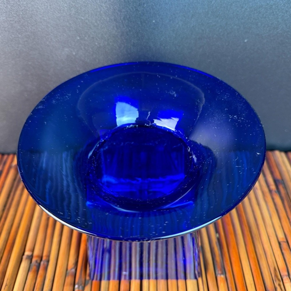 Cobalt Blue Art Glass Handblown Vase or Candle holder unique wide rim 5.5" tall - Picture 2 of 7